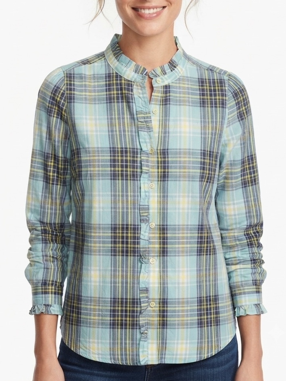 NWT LOFT Blue Plaid Ruffle Button Down Long Sleeve Blouse Size Medium
